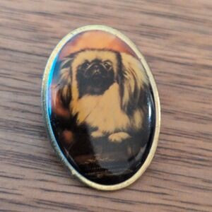 Otter House Pekingese Dog Portrait Pin Gold Tone Oval Lapel Pin Vintage Style